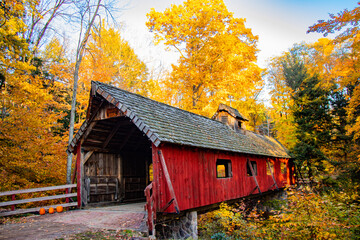Fototapeta na wymiar Covered Horse Bridge in autumn forest