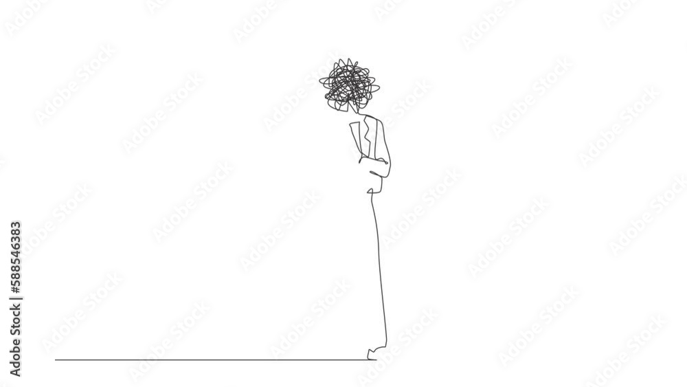 Poster animated self drawing of continuous line draw businesswoman with round scribbles instead of head. ti