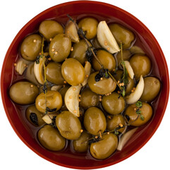 Olives with garlic and oil in bowl