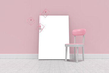 Pink chair by blank whiteboard against wall 