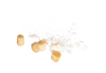 Pure Refined Sugar cane cube flying explosion, yellow chop sugarcane abstract cloud fly. Pure refined sugar sugarcane cut cubes splash stop in air, food object design. white background isolated