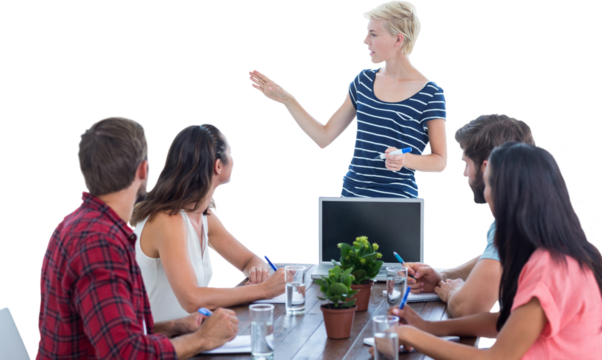 Casual businesswoman giving presentation to her colleagues
