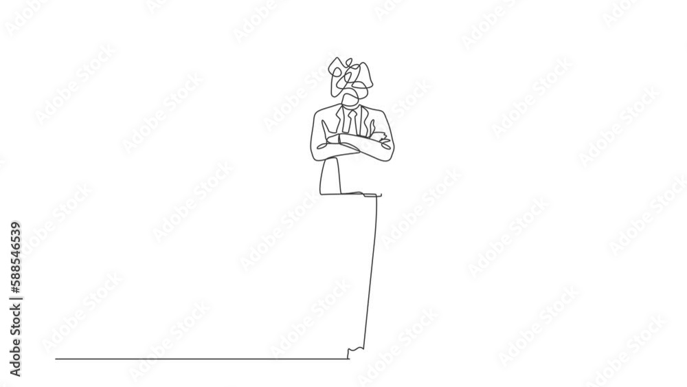 Poster animated self drawing of continuous one line draw businessman with round scribbles instead of head. 