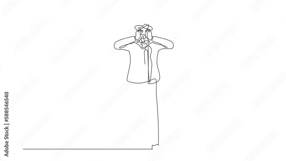 Poster self drawing animation of single one line draw businessman with round scribbles instead of a head. c