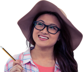 Smiling Asian woman with hat holding pencil