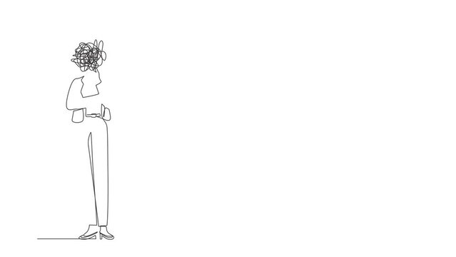 Animated self drawing of continuous line draw businesswoman with round scribbles instead of head. Manager standing in thoughtful holding chin thinking finding answer. Full length one line animation