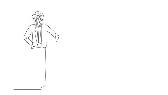 Animated self drawing of continuous line draw businessman with round scribbles instead of a head. Male showing thumbs down sign. Disagreement and negative expressions. Full length one line animation