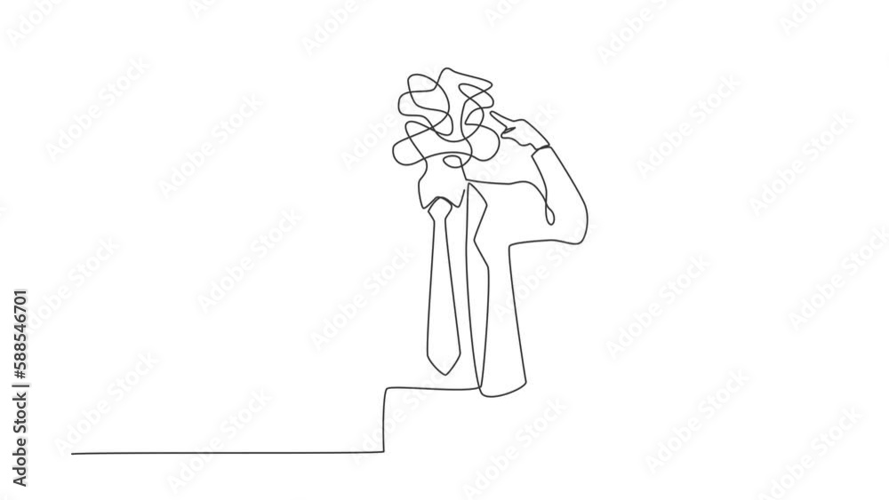 Poster animated self drawing of continuous one line draw businessman with round scribbles instead of head. 