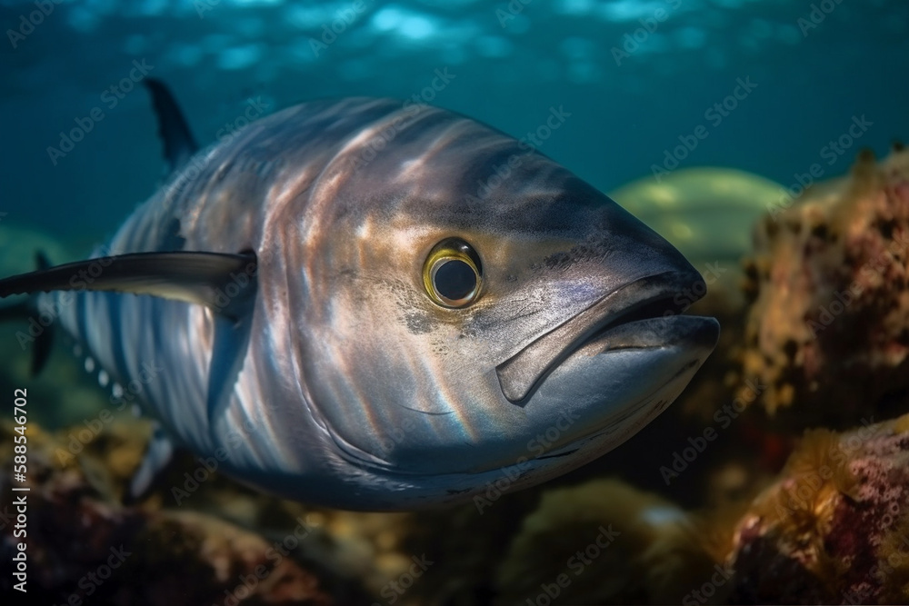 Wall mural tuna in the sea under water generated by AI