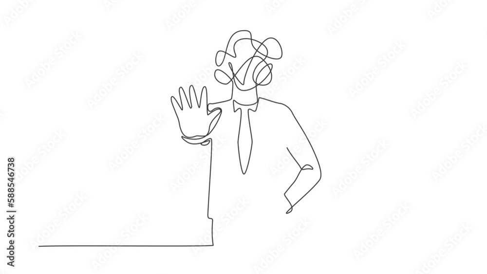 Poster self drawing animation of single line draw businessman with round scribbles instead of head. man mak