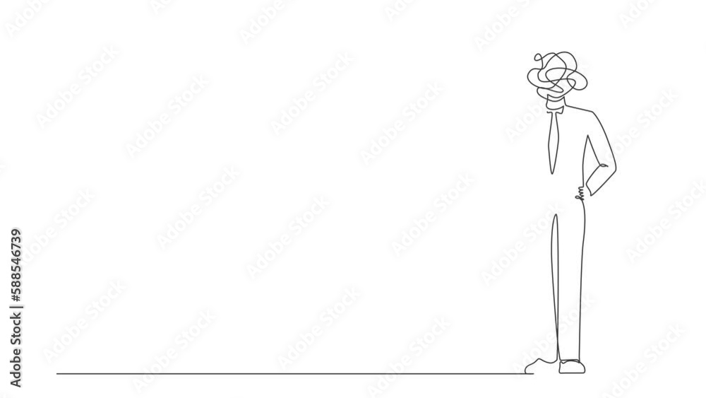 Poster self drawing animation of single one line draw businessman with round scribbles instead of head. man