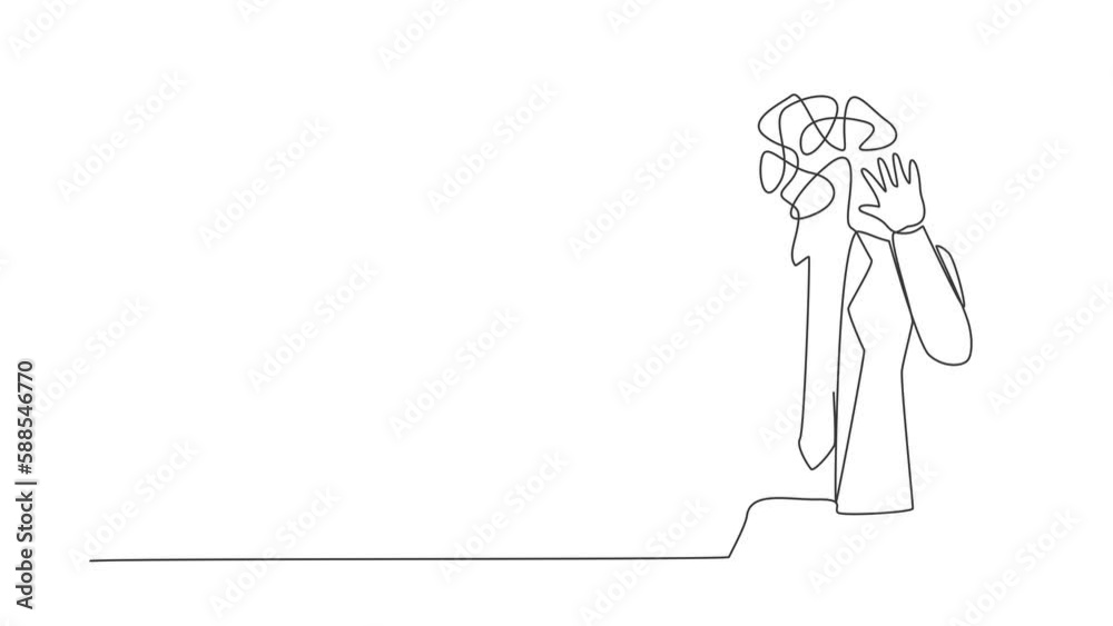 Poster animated self drawing of continuous line draw businessman with round scribbles instead of head. man 