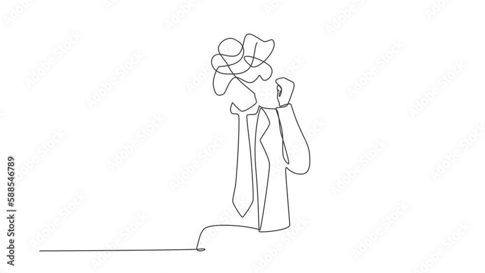 Poster self drawing animation of single line draw businessman with round scribbles instead of head. man rai