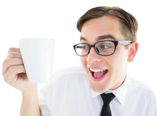 Geeky businessman holding a mug