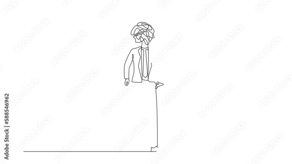 Poster self drawing animation of single line draw businessman with round scribbles instead of head. manager