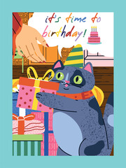 Happy Birthday banner. Cat in hat with gift boxes. Present and surprise. Design element for greeting and invitation postcard. Holiday and festival. Cartoon flat vector illustration