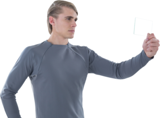 Businessman holding transparent glass interface