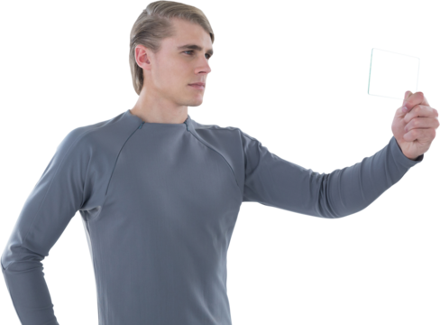 Businessman holding transparent glass interface