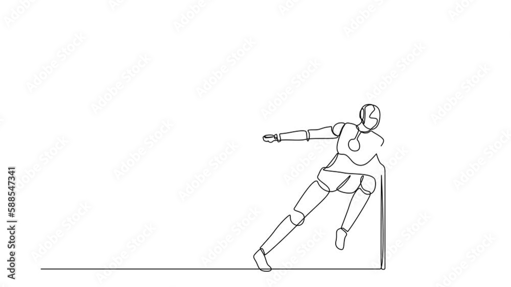 Poster animated self drawing of continuous line draw robots running wants to break down the door. modern ro
