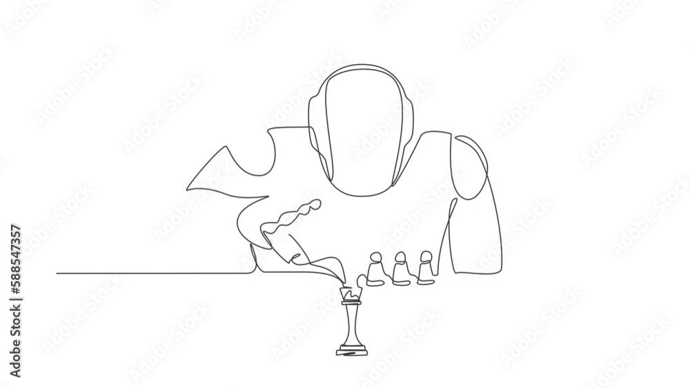 Poster animated self drawing of continuous line draw robots sitting and moving chess figure. modern robotic