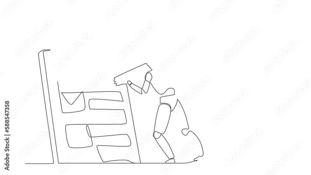 Poster animated self drawing of continuous line draw robots standing mark checklist with big pencil. humano