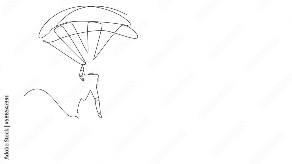 Poster self drawing animation of single line draw robots jump with parachute holding briefcase. humanoid ro