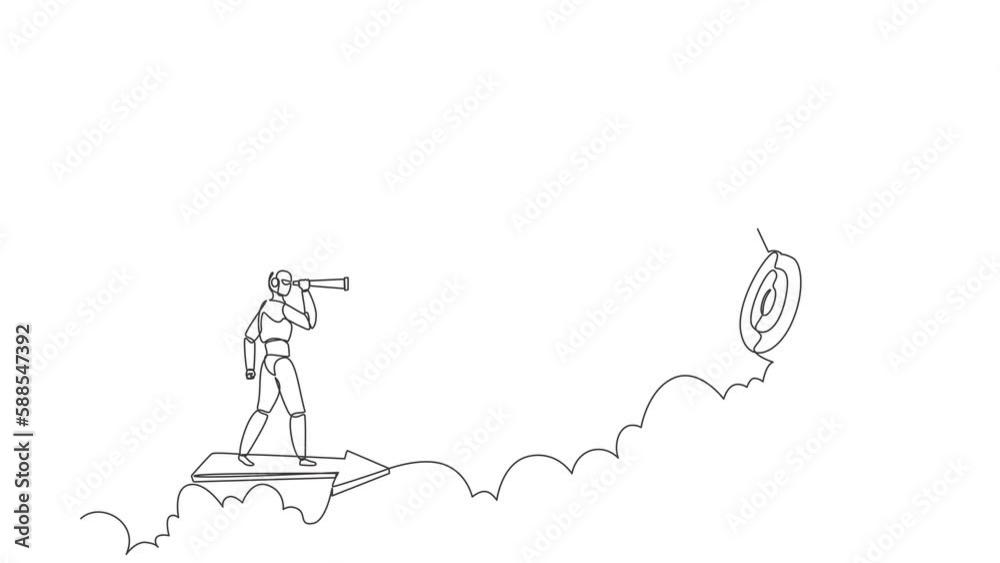 Poster animated self drawing of continuous line draw robots ride arrow looking with monocular air hot ballo