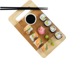 Close up of sushi served on cutting board