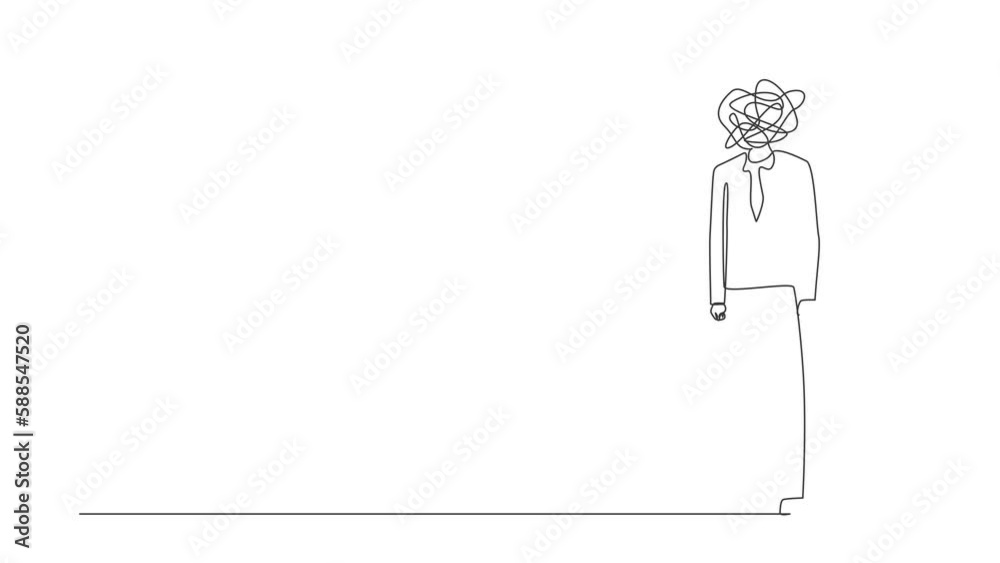 Poster animated self drawing of continuous one line draw businessman with round scribbles instead of head. 