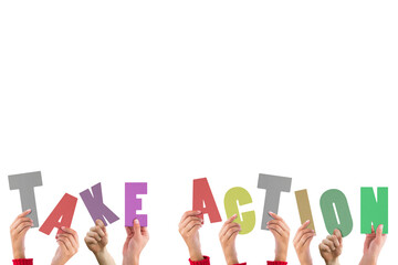 Colorful alphabet spelling take action held up by people 