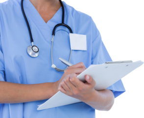 Doctor writing on clipboard