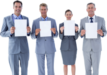 Business colleagues holding sheets of paper together