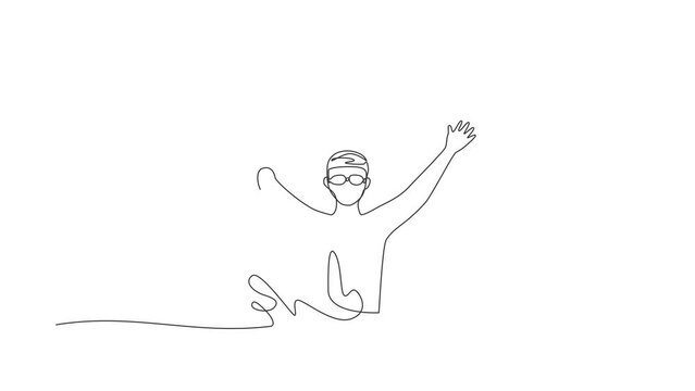 Self drawing animation of single one line draw swimming person with disability athlete playing in tournament games. sportsman, sport, success, championship. Continuous line draw. Full length animated