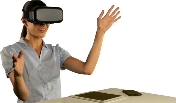Female use virtual reality headset