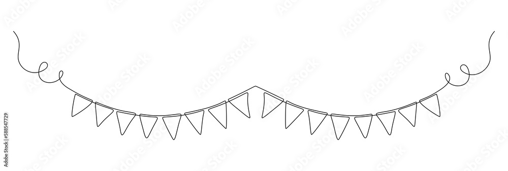 Poster garland bunting with flags in one continuous line drawing. birthday and jubilee party decoration in 
