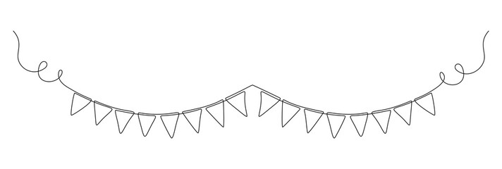 Garland bunting with flags in one continuous line drawing. Birthday and jubilee party decoration in simple linear style. Festoon for celebrate carnival and festivals. Editable stroke. Doodle vector