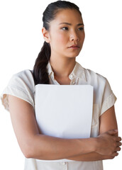 Casual businesswoman holding document while thinking