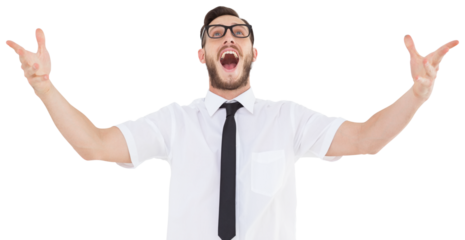 Geeky young businessman with arms out