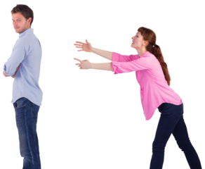 Woman trying to hug man