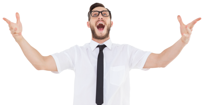 Geeky young businessman with arms out