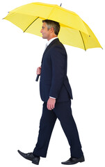 Businessman with yellow umbrella walking on white background