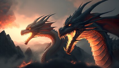 Naklejka na ściany i meble Dragons in a fiery (ai generate)