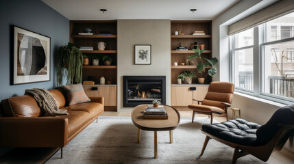 Modern apartment living room interior. AI generated illustration.