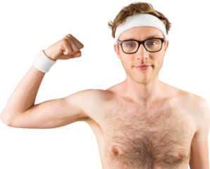 Geeky shirtless hipster flexing bicep