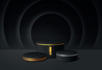 Podium. Black realistic cylinder pedestal podium. Vector abstract studio room with 3D geometric platform. Luxury minimal scene for products presentation and showcase