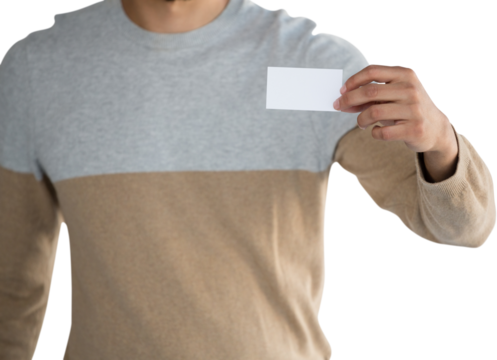 Mid-section of man holding blank card