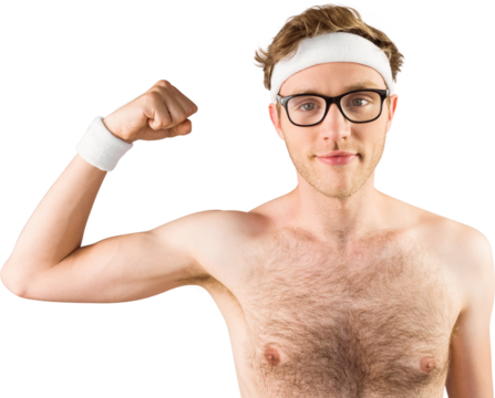 Geeky shirtless hipster flexing bicep - Powered by Adobe