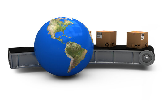 Digital composite image of globe and conveyor belt with boxes