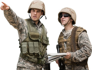 Military pointing away while soldier holding map 