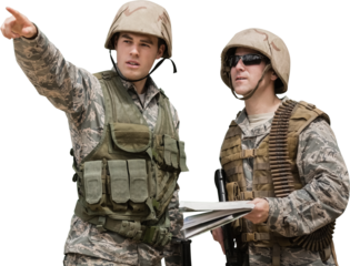 Military pointing away while soldier holding map 